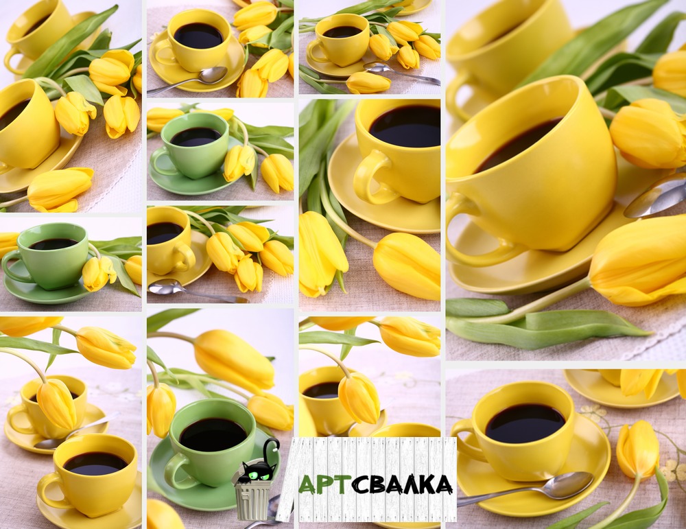 Кофе и желтые тюльпаны. | Coffee and yellow tulips.